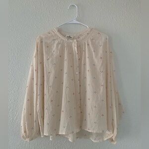 Soludos embroidered Cream Floral cotton Women's Top Button up long sleeve